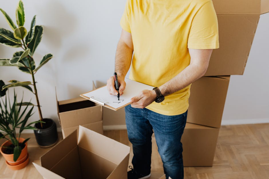 A person wearing a yellow t-shirt and blue jeans is standing inside a room, holding a clipboard and a black marker, preparing a home relocation checklist as part of the packing and moving process. Several large cardboard boxes are placed on the wooden floor around them, some open and ready to be filled with belongings, while others are stacked along the wall, indicating a packing stage. In the background, a tall potted plant with green leaves in an orange ceramic pot adds a touch of interior decor. A smaller black pot with a plant is also visible nearby. The environment appears well-lit, with natural light illuminating the space, and the scene reflects the organization and logistics involved in furniture transport and house removals, aligning with professional moving services provided by Big Man. This visual captures key aspects of loading and packing that are integral to a stress-free move, supporting the context of the spring moving checklist for a smooth home relocation.