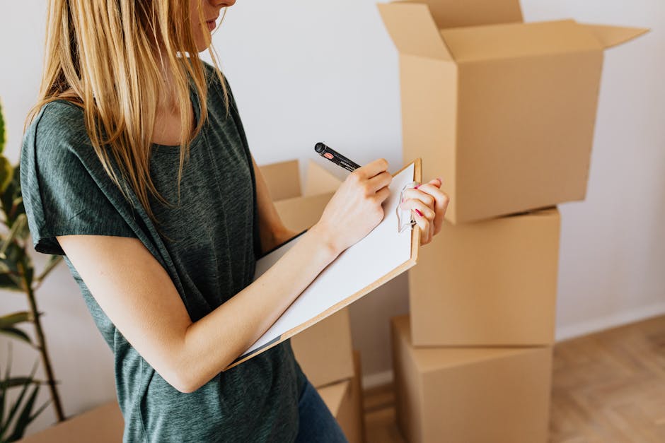 A person wearing a yellow t-shirt and blue jeans is standing inside a room, holding a clipboard and a black marker, preparing a home relocation checklist as part of the packing and moving process. Several large cardboard boxes are placed on the wooden floor around them, some open and ready to be filled with belongings, while others are stacked along the wall, indicating a packing stage. In the background, a tall potted plant with green leaves in an orange ceramic pot adds a touch of interior decor. A smaller black pot with a plant is also visible nearby. The environment appears well-lit, with natural light illuminating the space, and the scene reflects the organization and logistics involved in furniture transport and house removals, aligning with professional moving services provided by Big Man. This visual captures key aspects of loading and packing that are integral to a stress-free move, supporting the context of the spring moving checklist for a smooth home relocation.